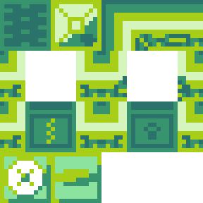 pixel tileset of a dungeon including walls, an open and closed block that looks like an eye, a closed door and a closed door with a keyhole